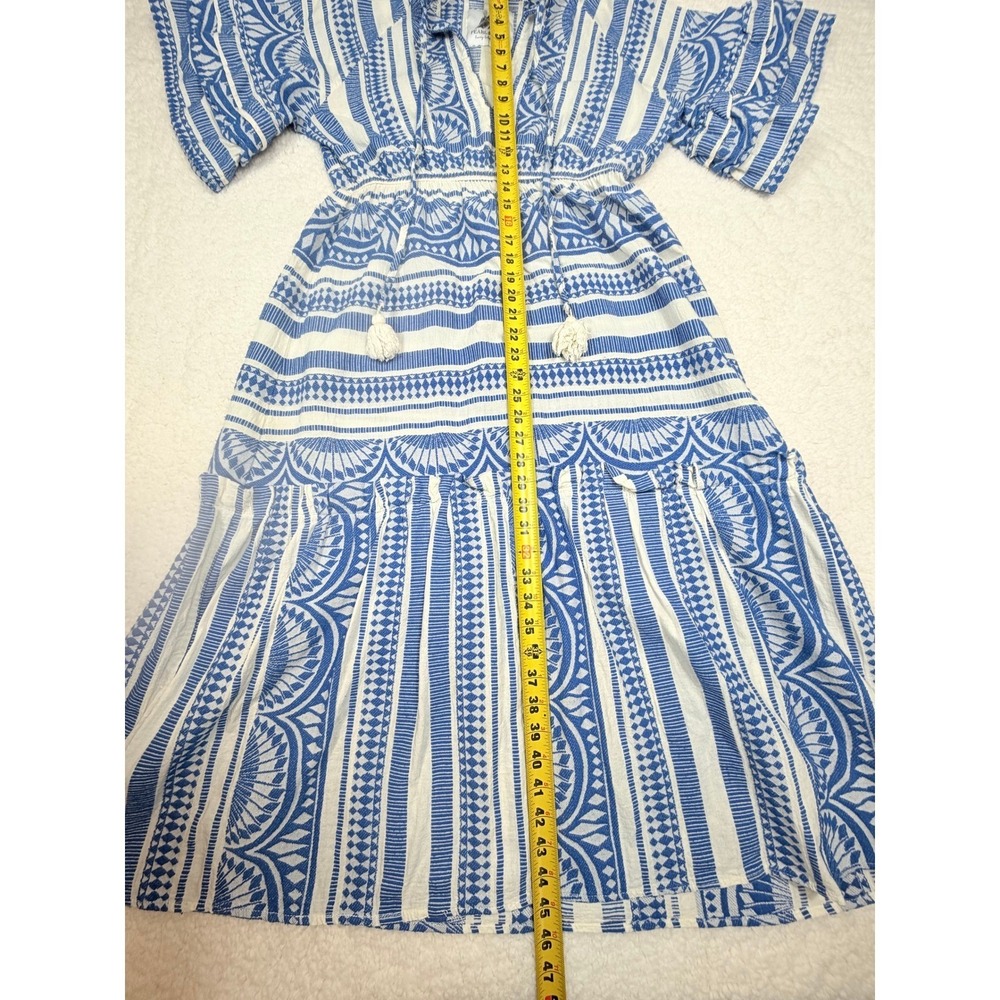Pearl & Caviar S/M Blue White Geometric Print Tassel Midi Dress Pockets Boho - Picture 6 of 10